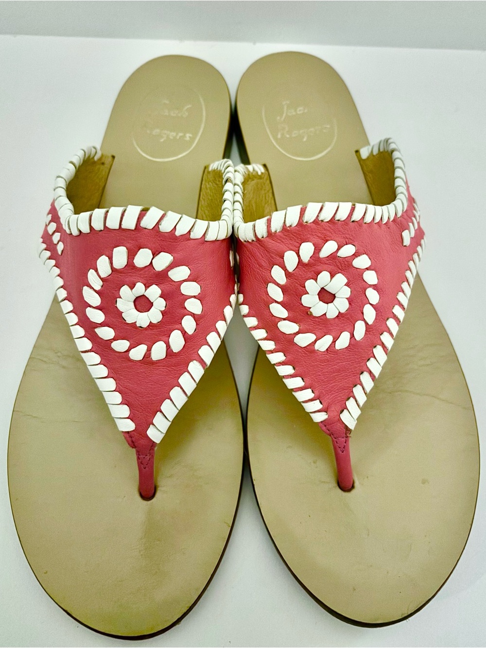 Jack Rogers Blair Dark Pink/White Leather Whipstitched Thong Sandals Women’s 8.5